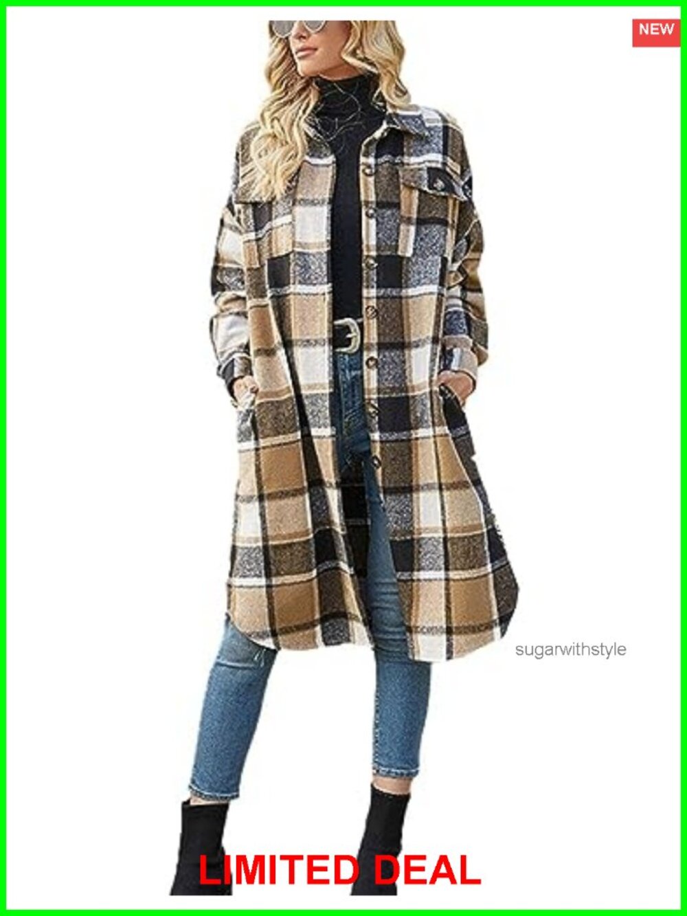Wool Blend Plaid Button Up Long Shacket Coat